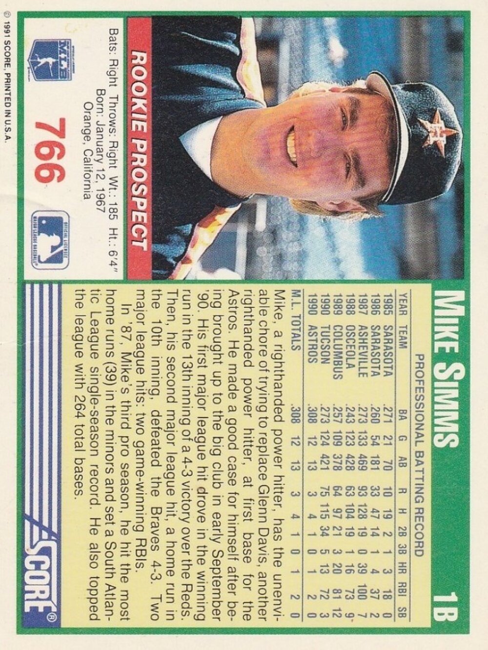 Mike Simms - Score 91 Rookie Prospect Baseball Card - Picture 2 of 2